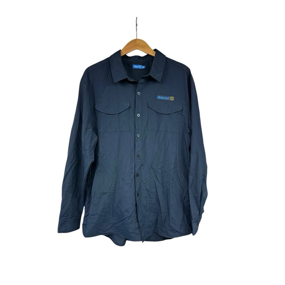 Walmart Employee Button Up Lightweight Vented Fishing Work Shirt Navy Blue Men M
